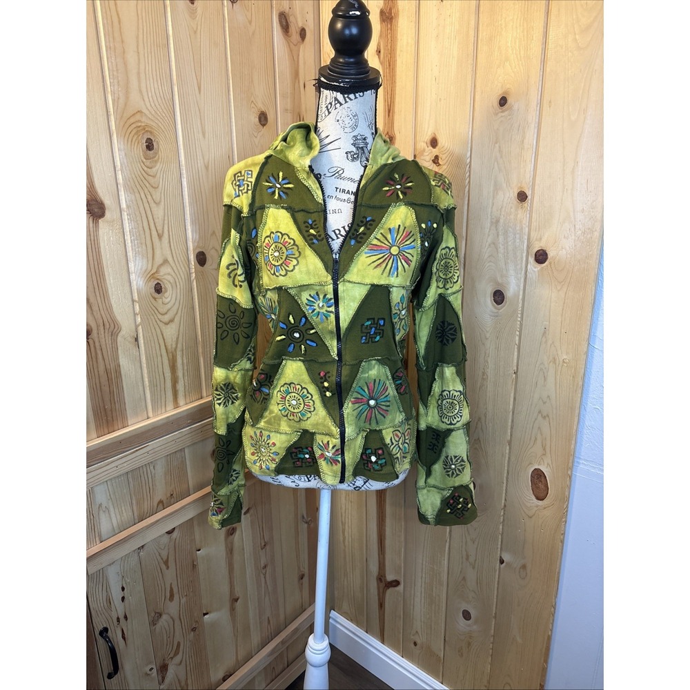 Vintage Nepal Patchwork Multicolor Zip Hoodie Jacket Y2K Boho Patchwork Medium
